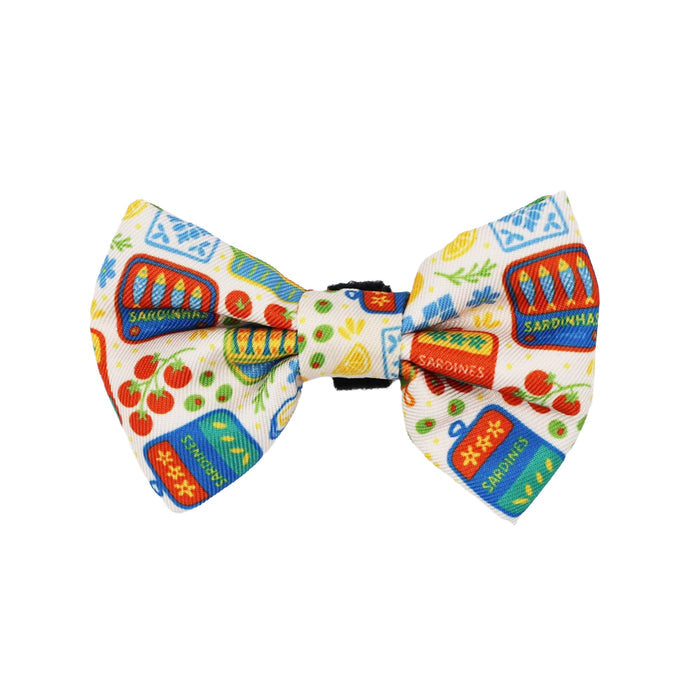 The Sassy Woof Cat Bundle - Portofino features a colorful bow tie with sardine cans, tomatoes, and greenery on white—perfect to pair with your cat’s leash or adjustable harness for a playful look.