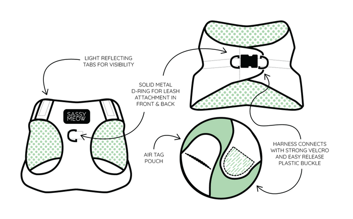 Illustration of Sassy Woof’s “Cat Bundle - Deck the Paws”—a red plaid adjustable cat harness with light-reflecting tabs, metal D-ring, AirTag pouch, sturdy Velcro, easy-release buckle, and a brand tag—ideal for holiday festivities.