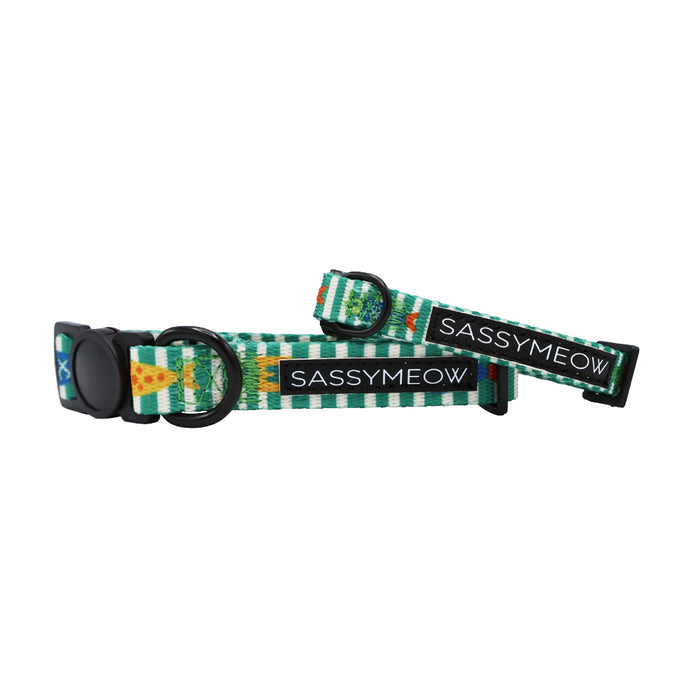 Two green and white striped adjustable Cat Collar - Portofino by Sassy Woof, featuring black buckles, rings, playful food and cat-themed patterns, plus a SASSYMEOW label.
