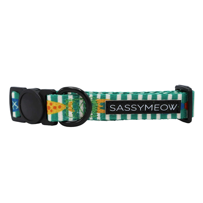 The Sassy Woof Cat Collar - Portofino features green and white stripes, colorful geometric patterns, an adjustable fit, black plastic buckle, metal ring, and a black SASSYMEOW label.