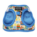 The Cat Step-In Harness - Portofino by Sassy Woof features blue trim, breathable mesh, and colorful sardine can, lemon, and pattern designs. A Sassy Meow label sits at the top with a metal ring below.
