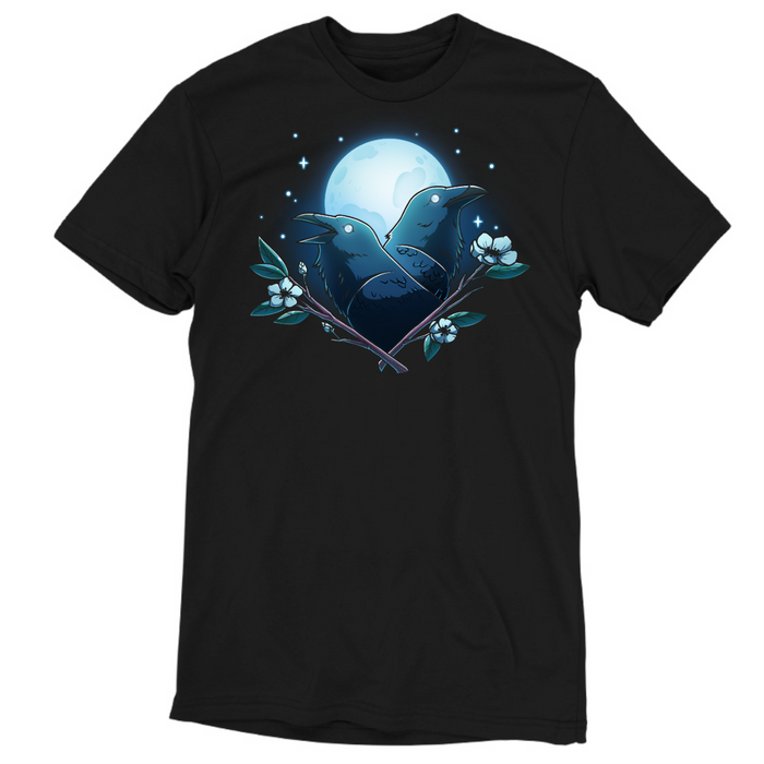 Premium Cotton T-shirt_TeeTurtle black Caw-smic Connection Premium Cotton T-shirt featuring two ravens, two floral branches and a glowing full moon in the background