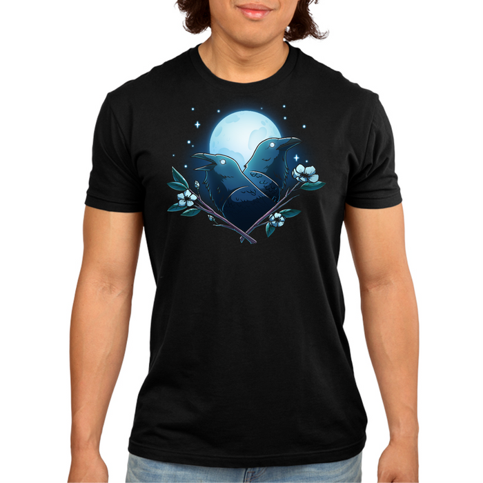 Premium Cotton T-shirt_TeeTurtle black Caw-smic Connection Premium Cotton T-shirt featuring two ravens, two floral branches and a glowing full moon in the background