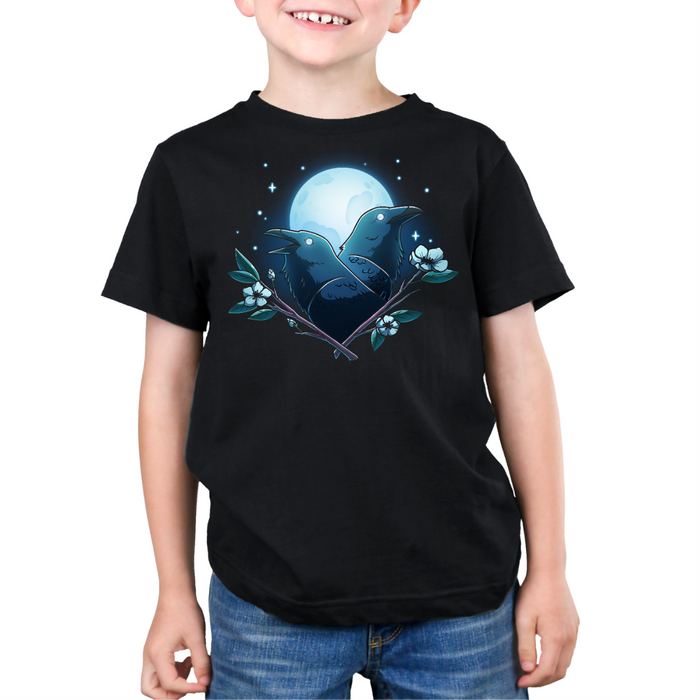 Premium Cotton T-shirt_TeeTurtle black Caw-smic Connection Premium Cotton T-shirt featuring two ravens, two floral branches and a glowing full moon in the background