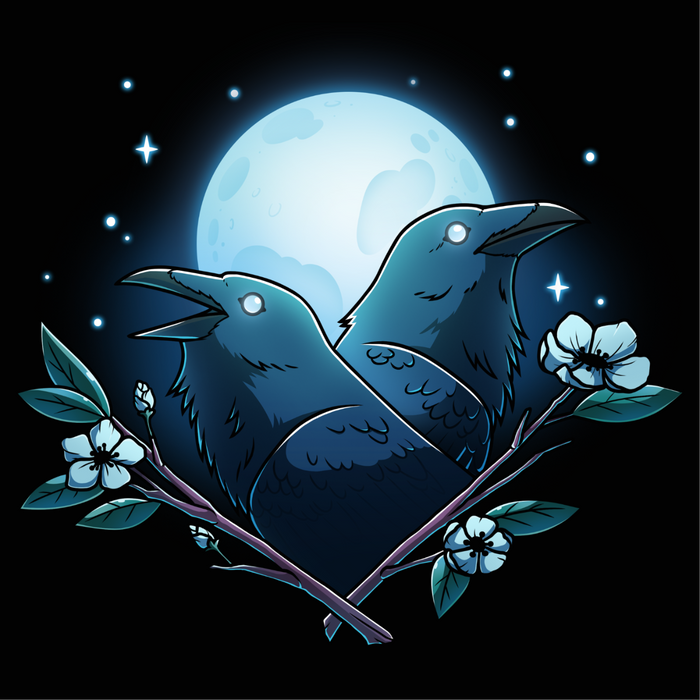 Classic Cotton T-shirt_TeeTurtle black Caw-smic Connection Classic Cotton T-shirt featuring two ravens, two floral branches and a glowing full moon in the background