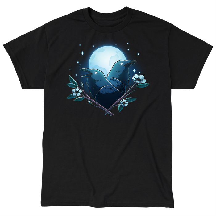 Classic Cotton T-shirt_TeeTurtle black Caw-smic Connection Classic Cotton T-shirt featuring two ravens, two floral branches and a glowing full moon in the background