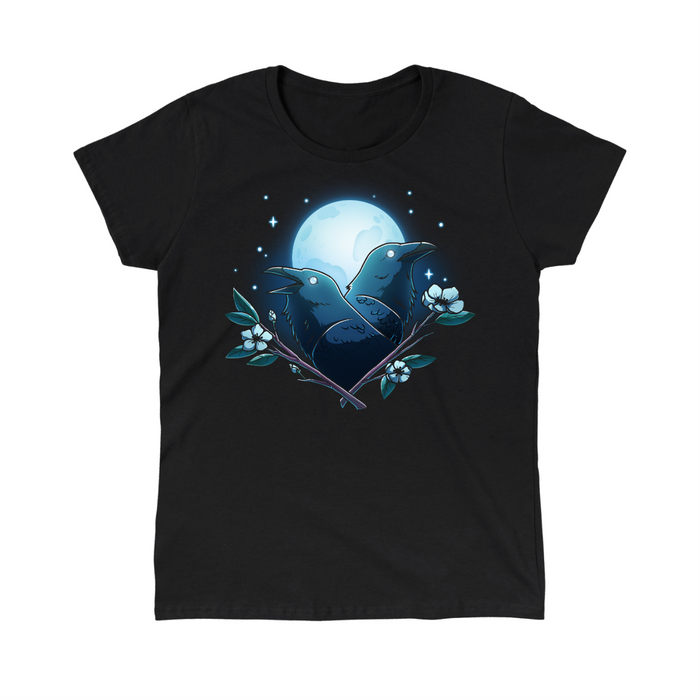 Classic Cotton T-shirt_TeeTurtle black Caw-smic Connection Classic Cotton T-shirt featuring two ravens, two floral branches and a glowing full moon in the background