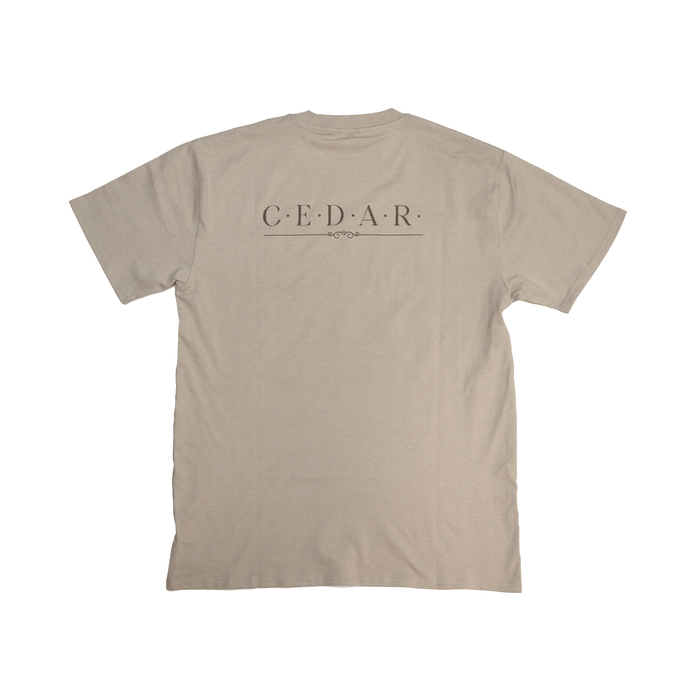 Flat lay back view of Cedar Medicine Tee in beige with logo detail