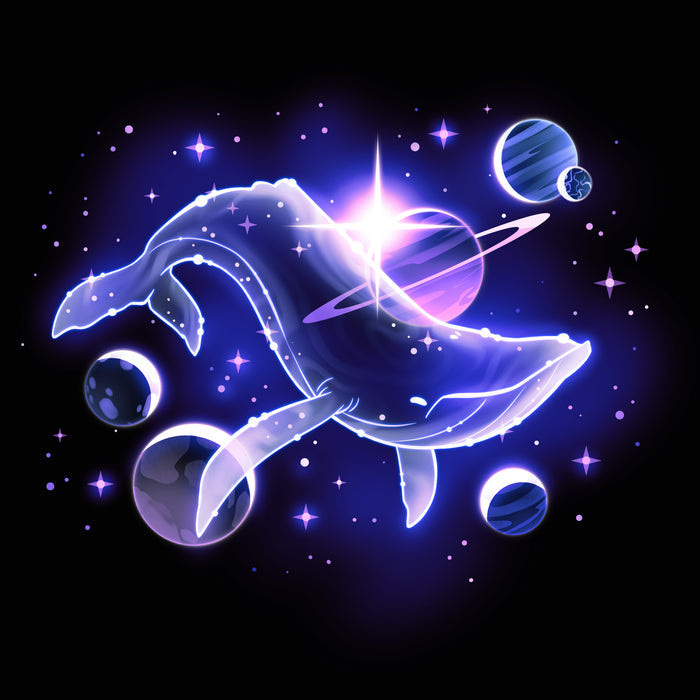 Premium Cotton T-shirt_TeeTurtle black Celestial Sea apparel featuring a celestial whale swimming in space surrounded by planets and stars.