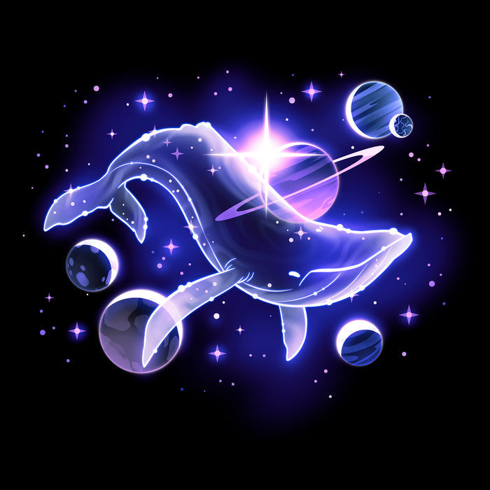 Classic Cotton T-shirt_TeeTurtle black Celestial Sea apparel featuring a celestial whale swimming in space surrounded by planets and stars.