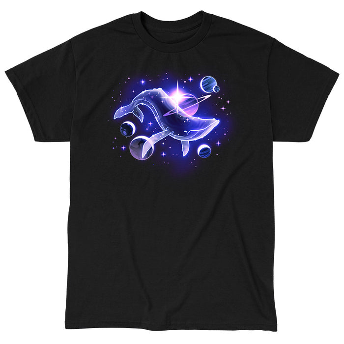 Classic Cotton T-shirt_TeeTurtle black Celestial Sea apparel featuring a celestial whale swimming in space surrounded by planets and stars.