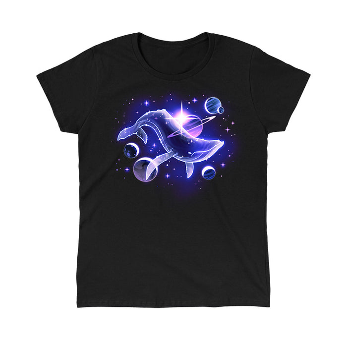 Classic Cotton T-shirt_TeeTurtle black Celestial Sea apparel featuring a celestial whale swimming in space surrounded by planets and stars.
