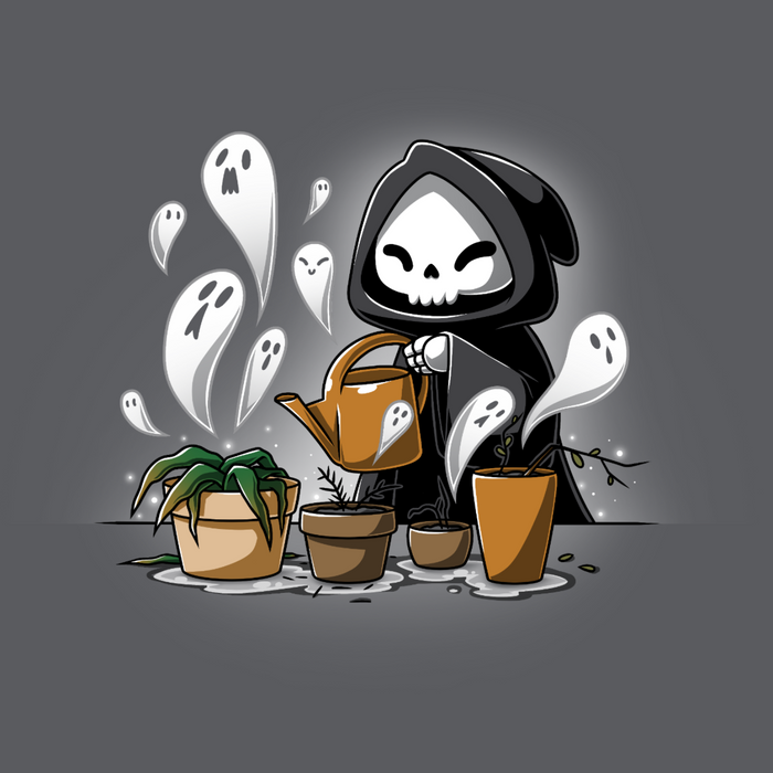 Premium Cotton T-shirt_TeeTurtle charcoal Certified Black Thumb Premium Cotton T-shirt featuring a grim reaper watering wilted and dead plants that have little ghosts emerging from them