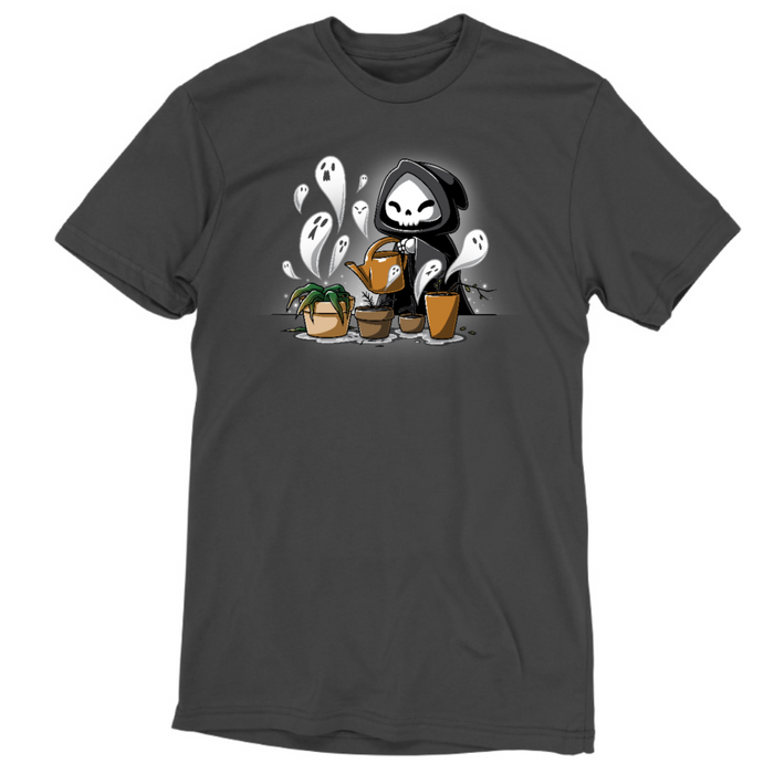 Premium Cotton T-shirt_TeeTurtle charcoal Certified Black Thumb Premium Cotton T-shirt featuring a grim reaper watering wilted and dead plants that have little ghosts emerging from them