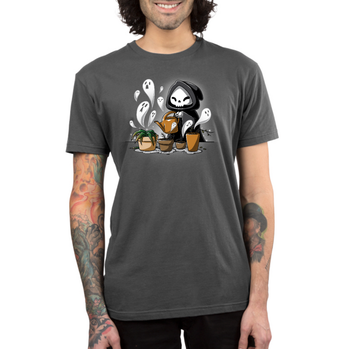 Premium Cotton T-shirt_TeeTurtle charcoal Certified Black Thumb Premium Cotton T-shirt featuring a grim reaper watering wilted and dead plants that have little ghosts emerging from them