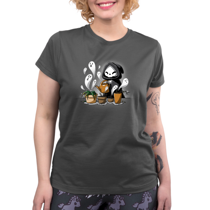 Premium Cotton T-shirt_TeeTurtle charcoal Certified Black Thumb Premium Cotton T-shirt featuring a grim reaper watering wilted and dead plants that have little ghosts emerging from them