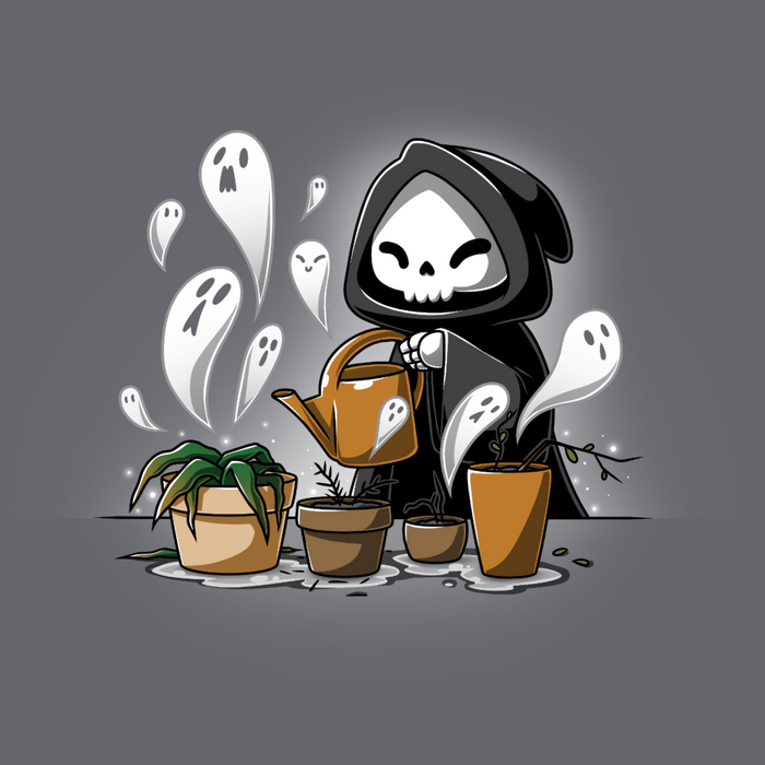Classic Cotton T-shirt_TeeTurtle charcoal Certified Black Thumb Classic Cotton T-shirt featuring a grim reaper watering wilted and dead plants that have little ghosts emerging from them