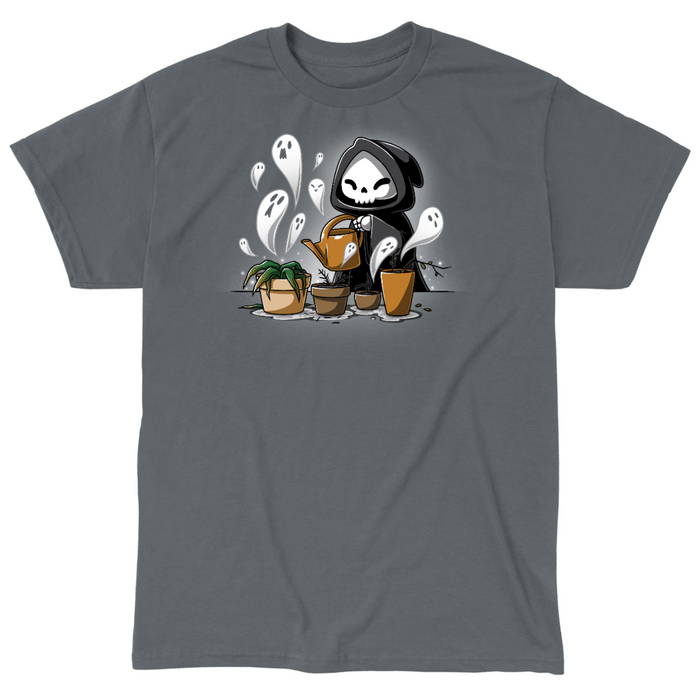 Classic Cotton T-shirt_TeeTurtle charcoal Certified Black Thumb Classic Cotton T-shirt featuring a grim reaper watering wilted and dead plants that have little ghosts emerging from them
