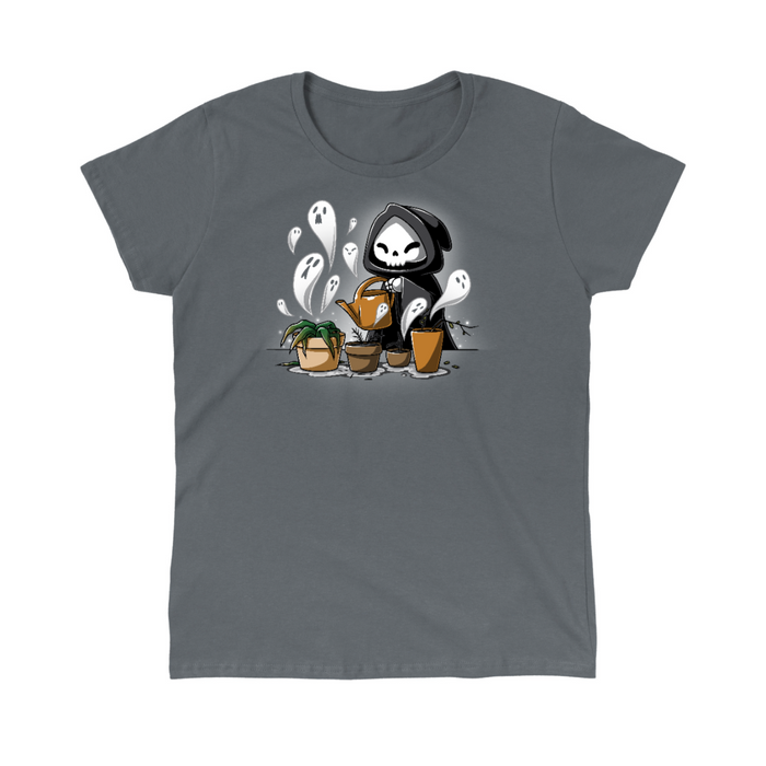Classic Cotton T-shirt_TeeTurtle charcoal Certified Black Thumb Classic Cotton T-shirt featuring a grim reaper watering wilted and dead plants that have little ghosts emerging from them