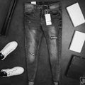 Charcoal grey slim-fit distressed jeans for men UAE - 3413