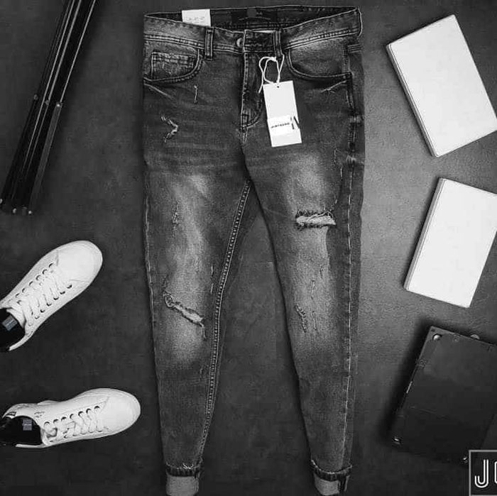Charcoal grey slim-fit distressed jeans for men UAE - 3413