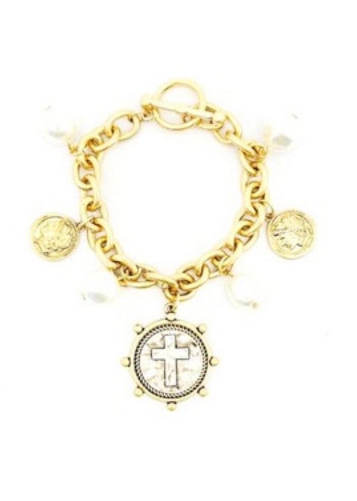 Charm Bracelet with Cross - Gold or Silver Meghan Browne Design BRACELET Gold