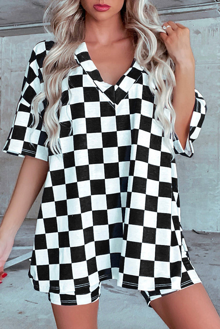 Checkerboard Print V Neck Loose Tee and Shorts Lounge Set - BLACK / S / 95% POLYESTER + 5% ELASTANE - Loungewear &