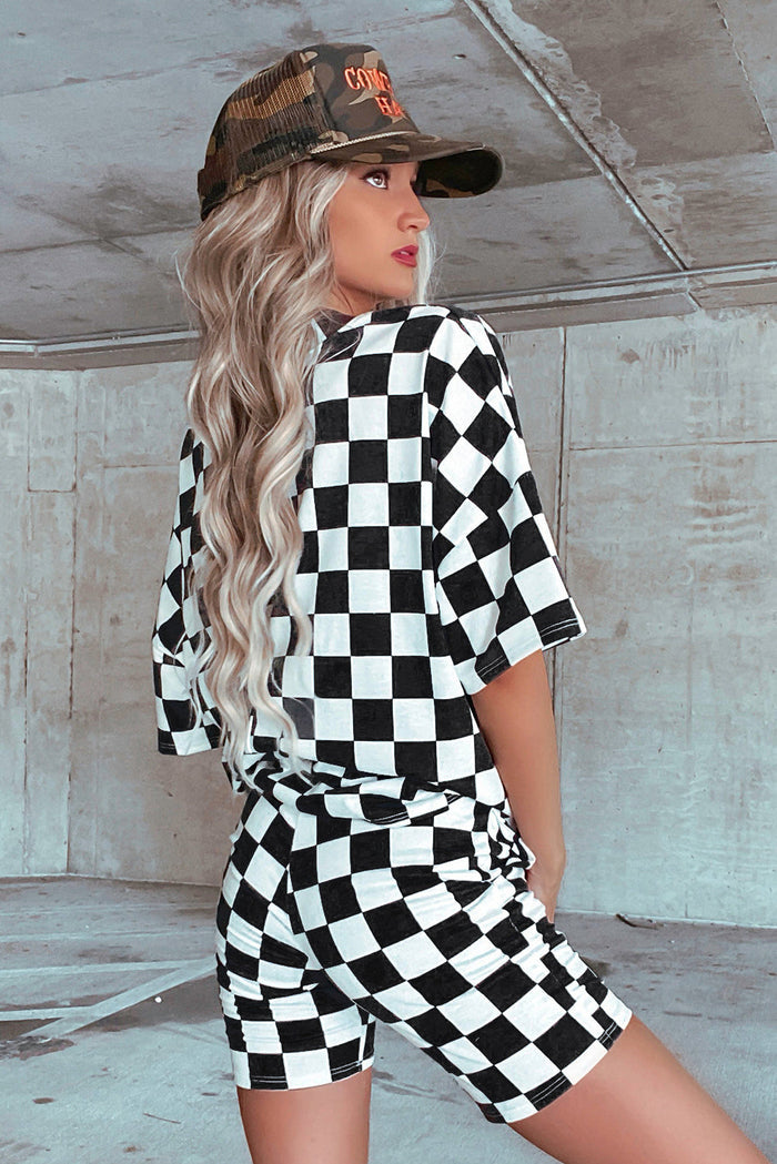 Checkerboard Print V Neck Loose Tee and Shorts Lounge Set - Loungewear & Sleepwear/Pyjama