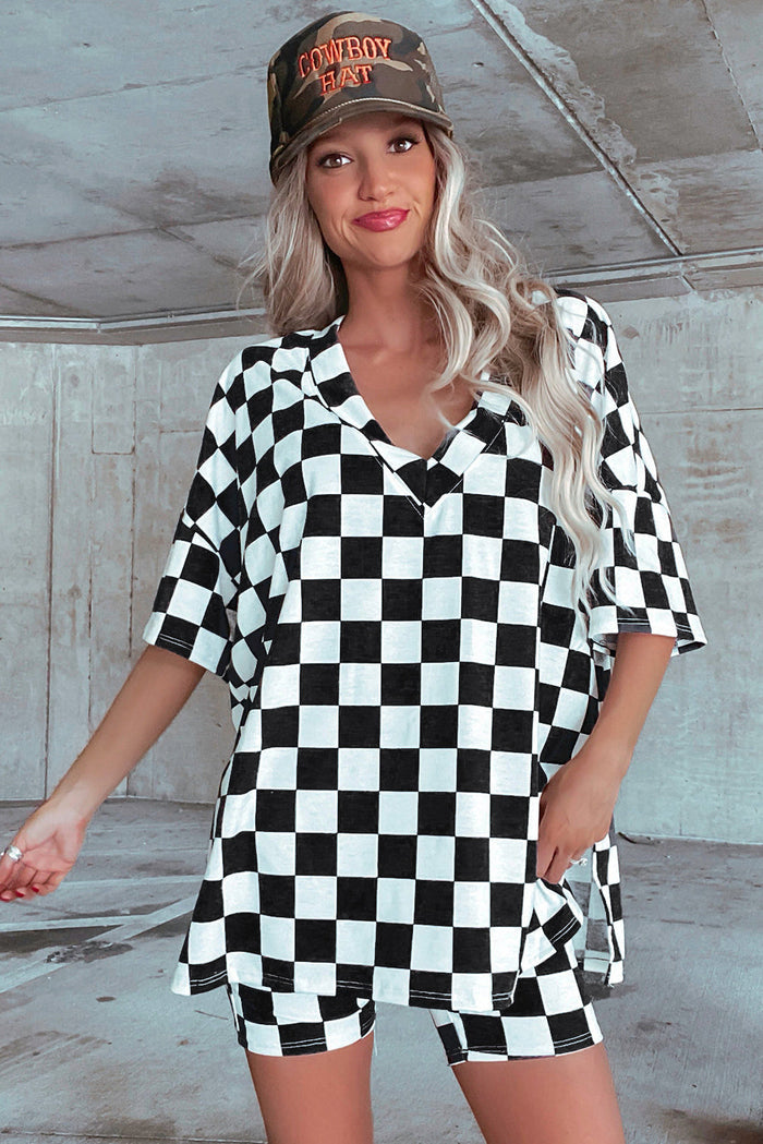 Checkerboard Print V Neck Loose Tee and Shorts Lounge Set - Loungewear & Sleepwear/Pyjama