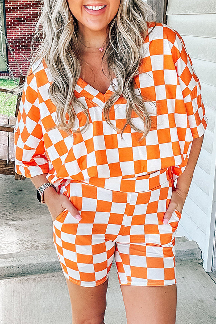 Checkerboard Print V Neck Loose Tee and Shorts Lounge Set - ORANGE / S / 95% POLYESTER + 5% ELASTANE - Loungewear &