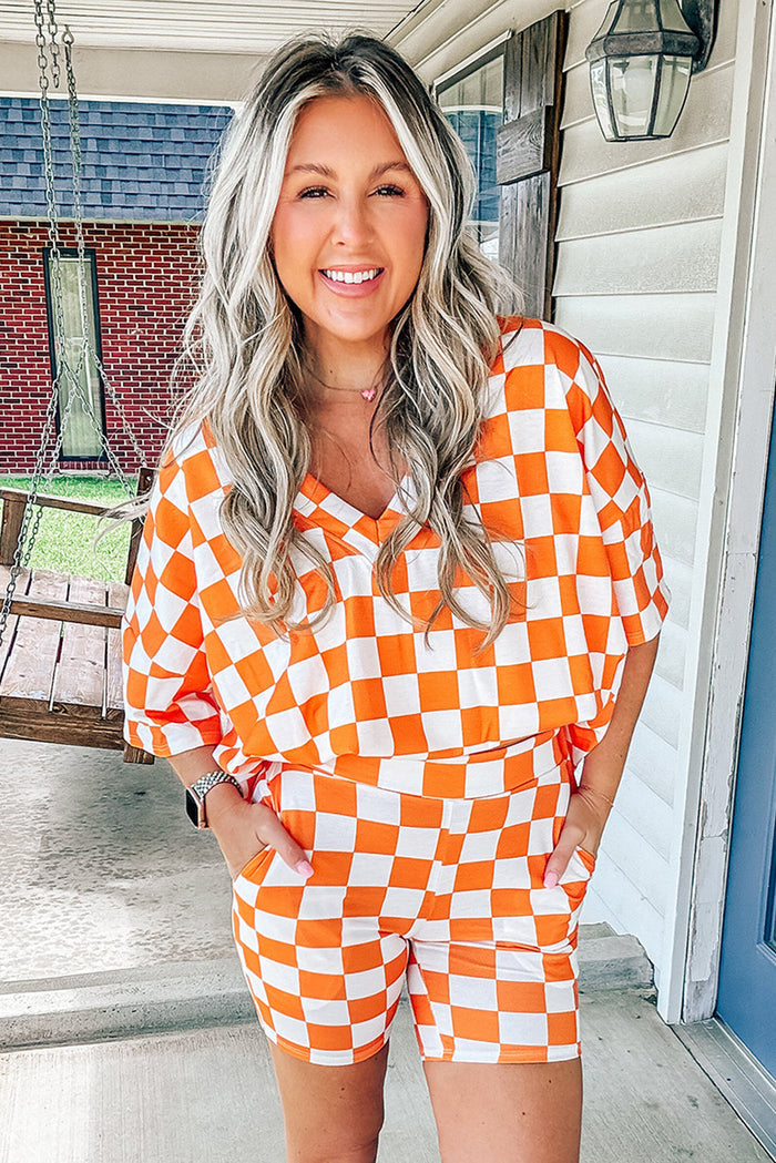 Checkerboard Print V Neck Loose Tee and Shorts Lounge Set - Loungewear & Sleepwear/Pyjama