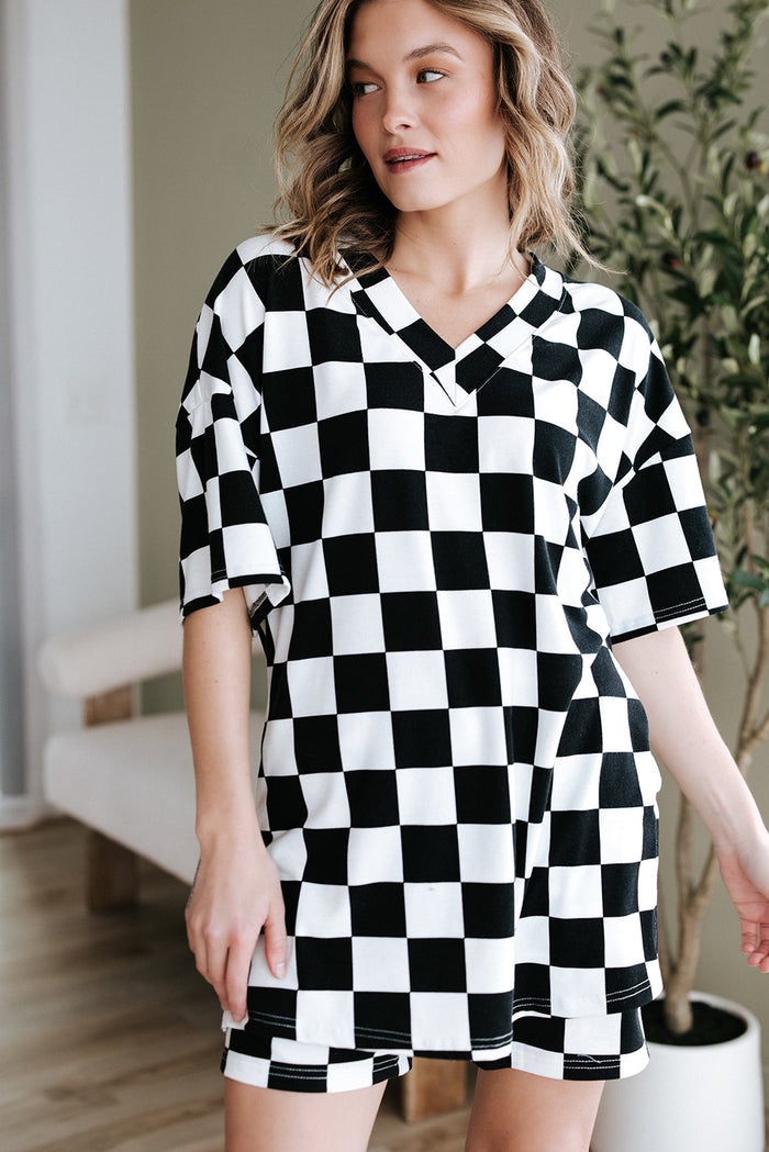 Checkerboard Print V Neck Loose Tee and Shorts Lounge Set - Loungewear & Sleepwear/Pyjama