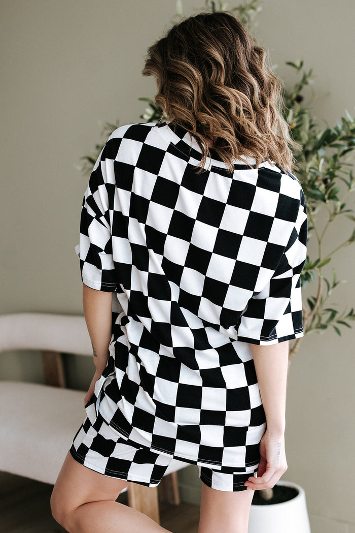 Checkerboard Print V Neck Loose Tee and Shorts Lounge Set - Loungewear & Sleepwear/Pyjama