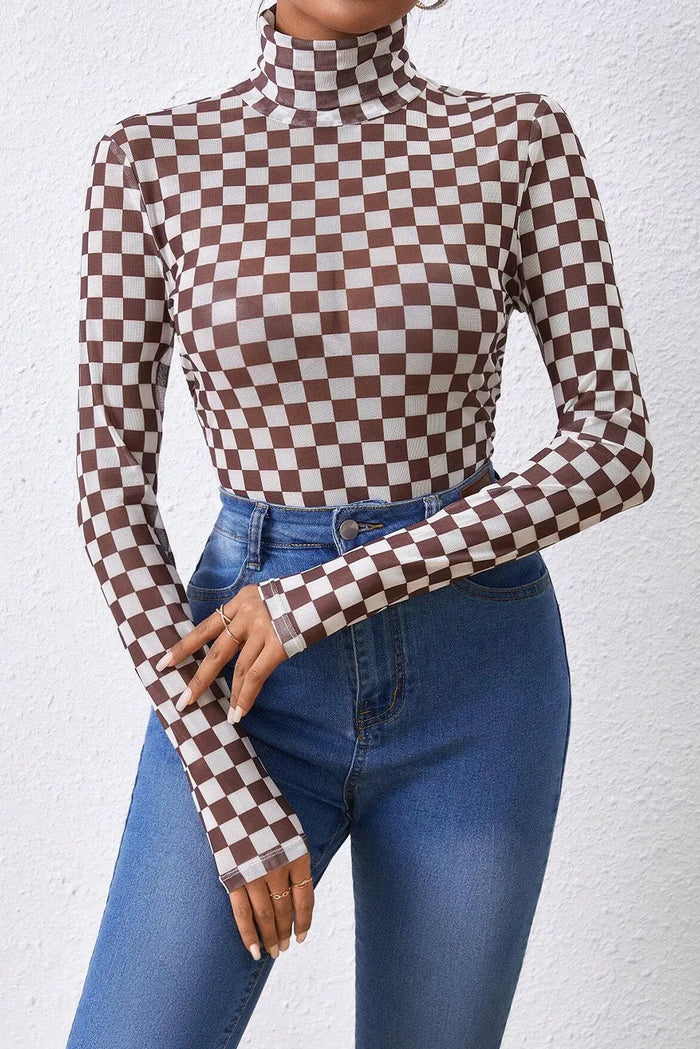 Shop Checkered Printed Long Sleeve High Neck Bodysuit at eAura
