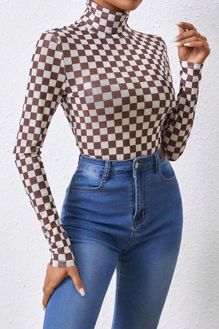 Shop Checkered Printed Long Sleeve High Neck Bodysuit at eAura