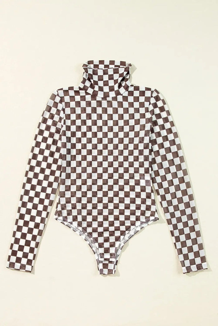 Shop Checkered Printed Long Sleeve High Neck Bodysuit at eAura