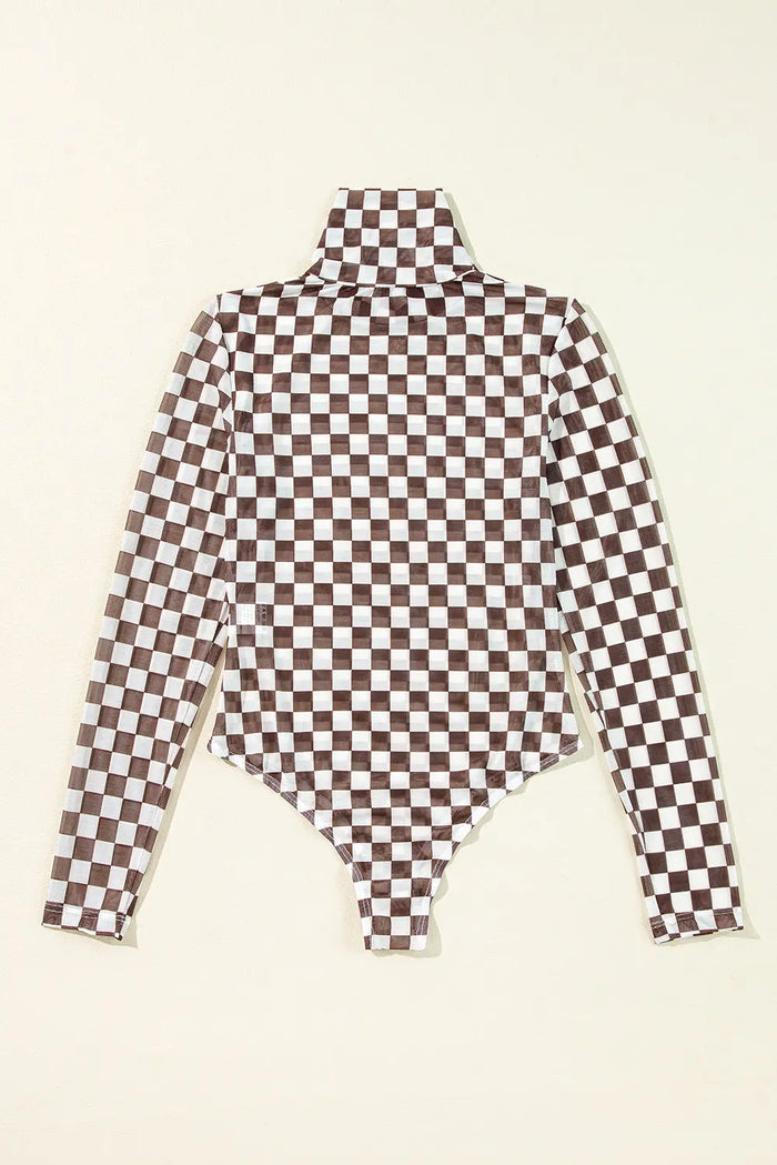 Shop Checkered Printed Long Sleeve High Neck Bodysuit at eAura