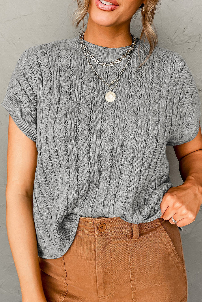 Chestnut Crew Neck Cable Knit Short Sleeve Sweater - GRAY / S / 55% ACRYLIC + 45% COTTON - Sweaters & Cardigans/Short