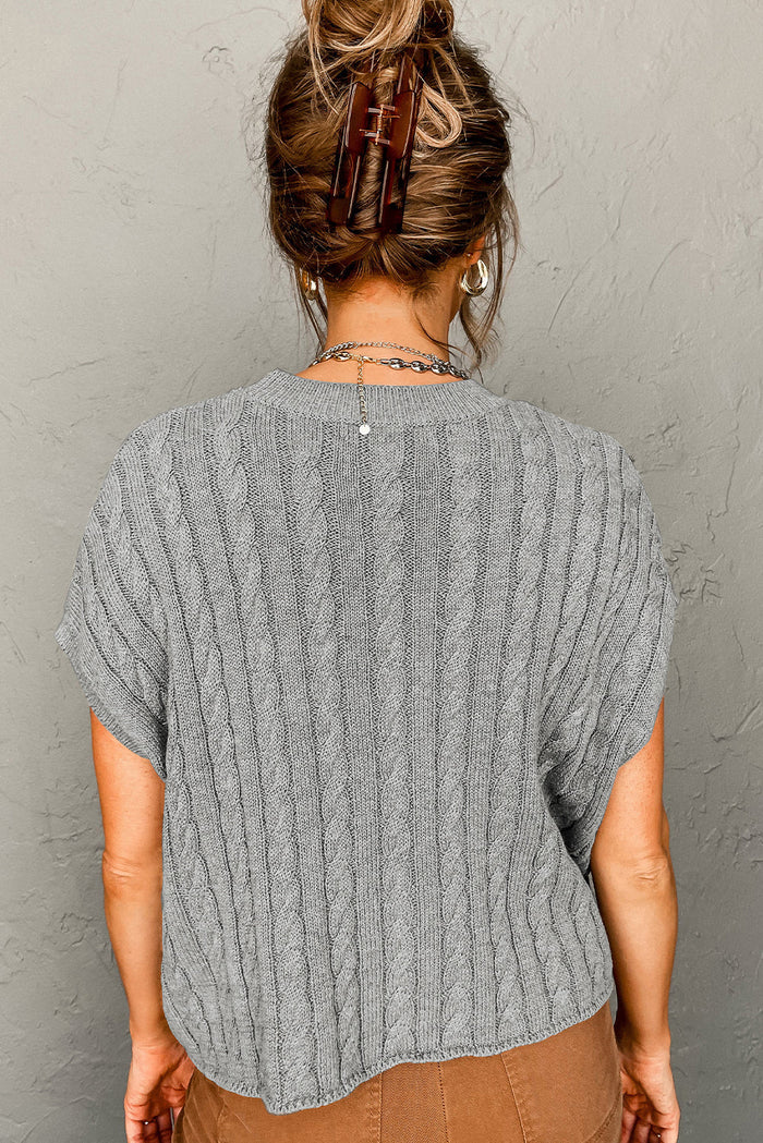 Chestnut Crew Neck Cable Knit Short Sleeve Sweater - Sweaters & Cardigans/Short