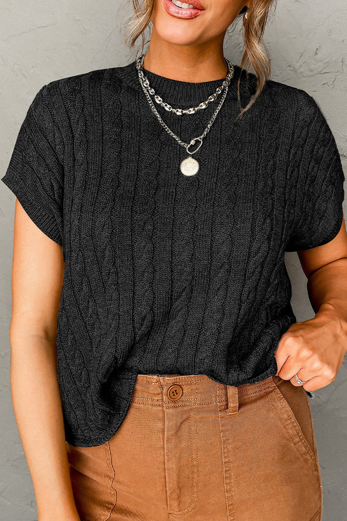 Chestnut Crew Neck Cable Knit Short Sleeve Sweater - BLACK / S / 55% ACRYLIC + 45% COTTON - Sweaters & Cardigans/Short