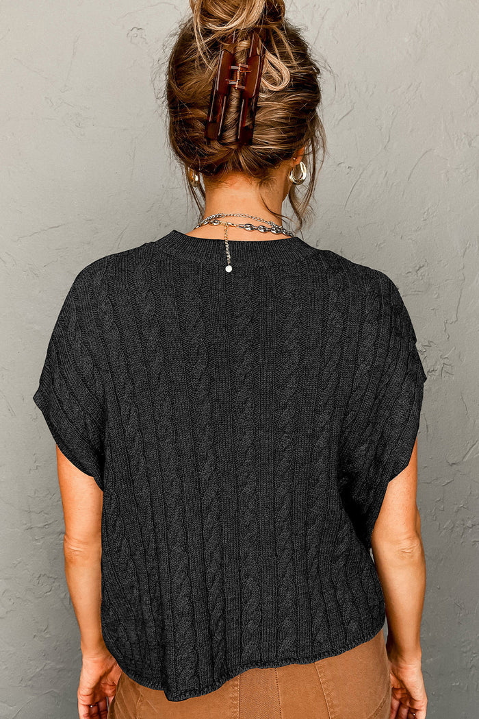 Chestnut Crew Neck Cable Knit Short Sleeve Sweater - Sweaters & Cardigans/Short
