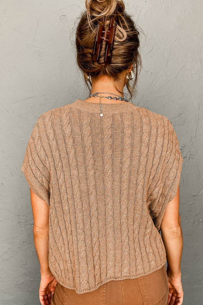Chestnut Crew Neck Cable Knit Short Sleeve Sweater - Sweaters & Cardigans/Short