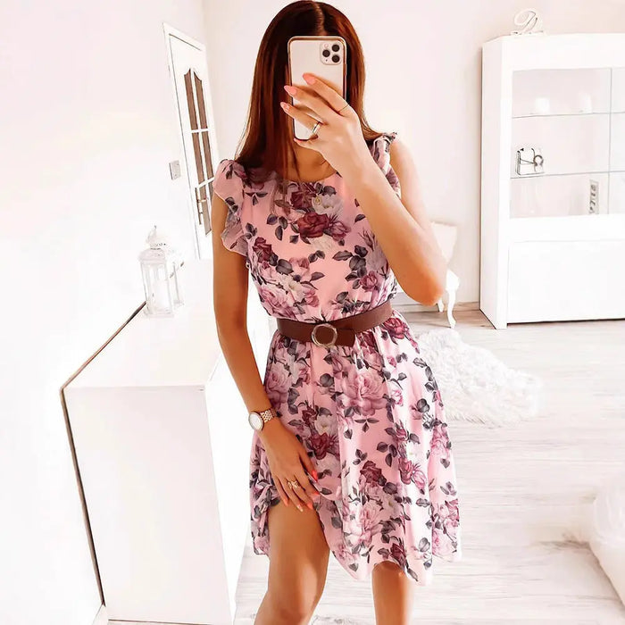 Chiffon Cap Sleeve Rose Print Dress - Dresses/Mini Dresses