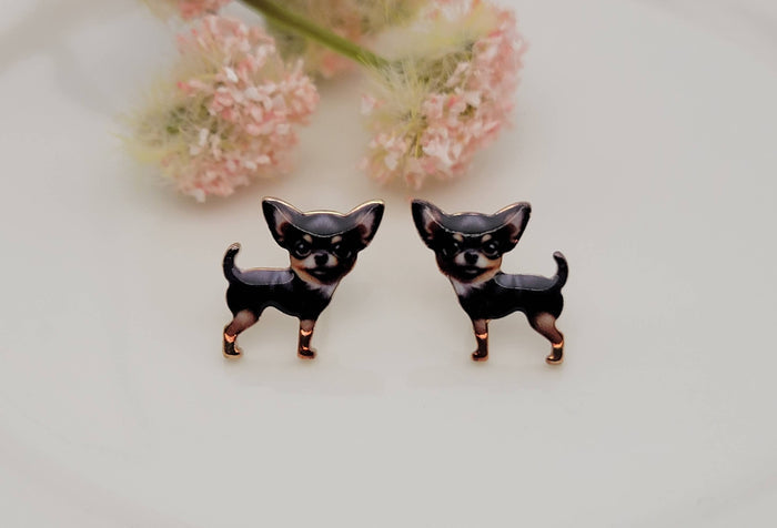 Chihuahua enamel stud earrings with gold accents displayed on a white background from The Pink Doxie Boutique.