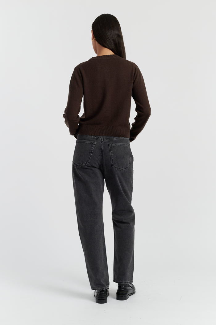 Chocolate Wool-Cashmere Crew Neck Cardigan