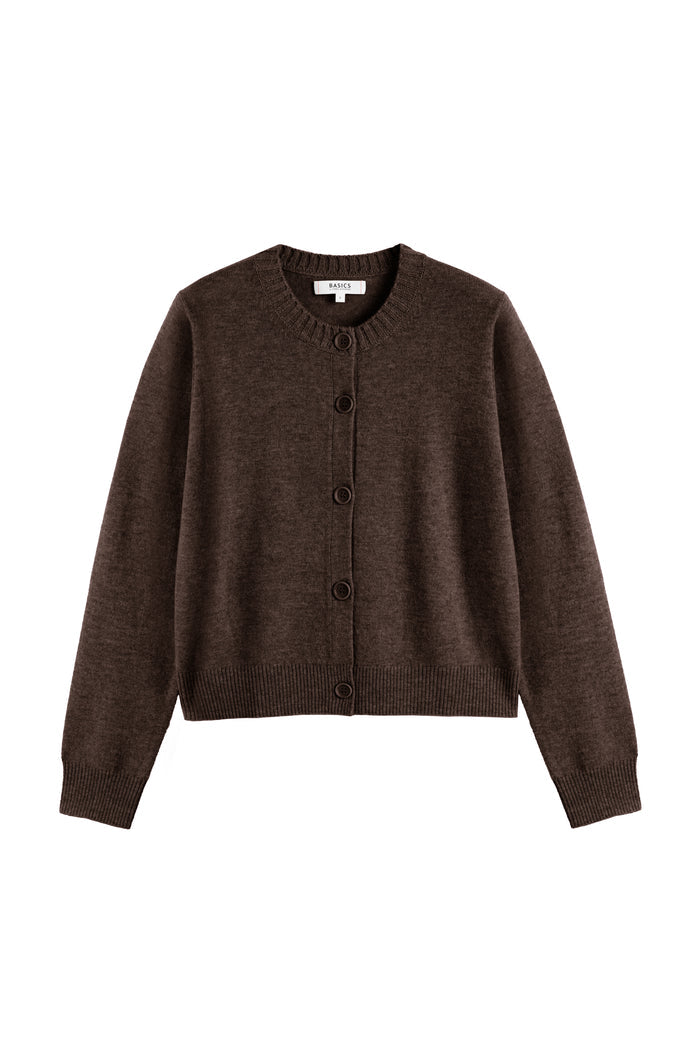 Chocolate Wool-Cashmere Crew Neck Cardigan