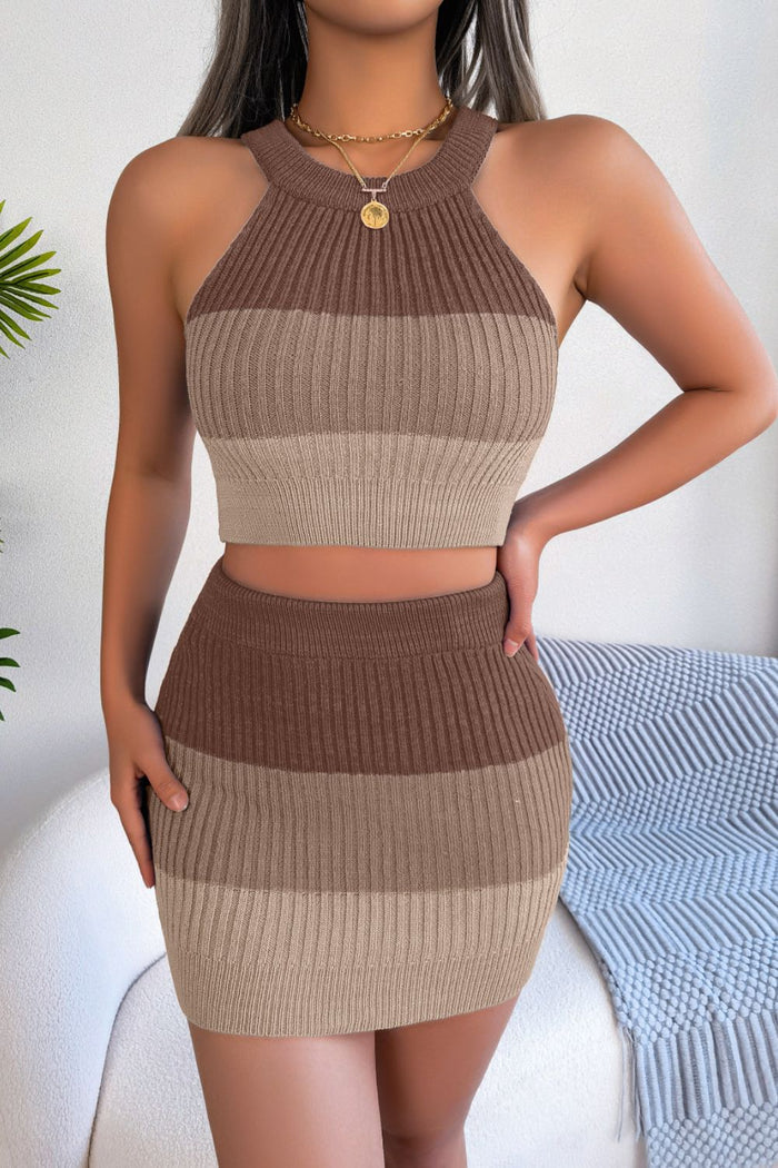 Color Block Sleeveless Crop Knit Top and Skirt Set - Madikfashions.com