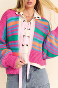 Rose Stripe Colourful Puff Sleeve Drop Shoulder Loose Cardigan - ROSE STRIPE / S / 100% ACRYLIC - Sweaters &