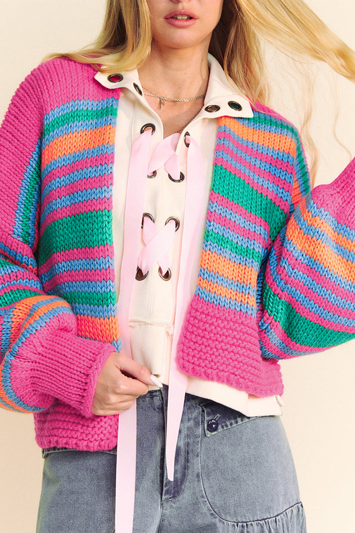Rose Stripe Colourful Puff Sleeve Drop Shoulder Loose Cardigan - ROSE STRIPE / S / 100% ACRYLIC - Sweaters &