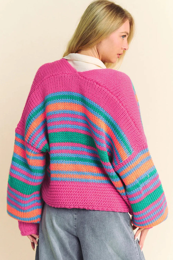 Rose Stripe Colourful Puff Sleeve Drop Shoulder Loose Cardigan - Sweaters & Cardigans/Cardigans